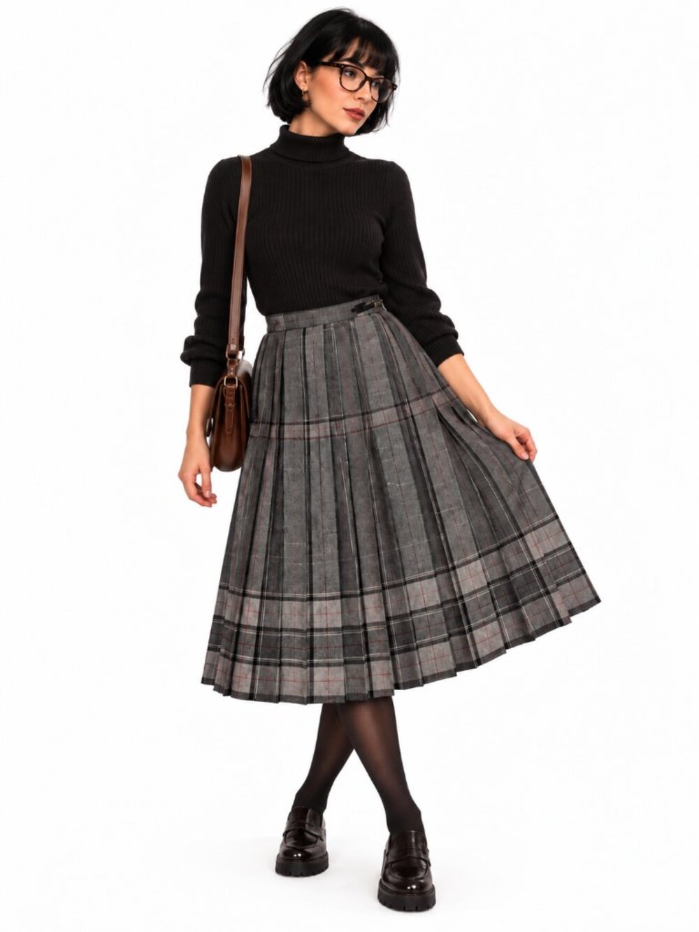 Vintage Classic Academia Pleated Gray Plaid Skirt midi medium